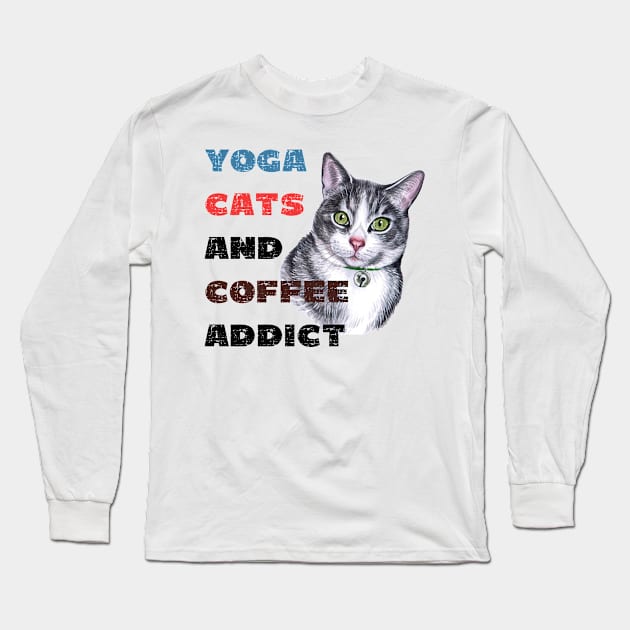 Yoga cats and coffee addict funny quote for yogi Long Sleeve T-Shirt by Red Yoga